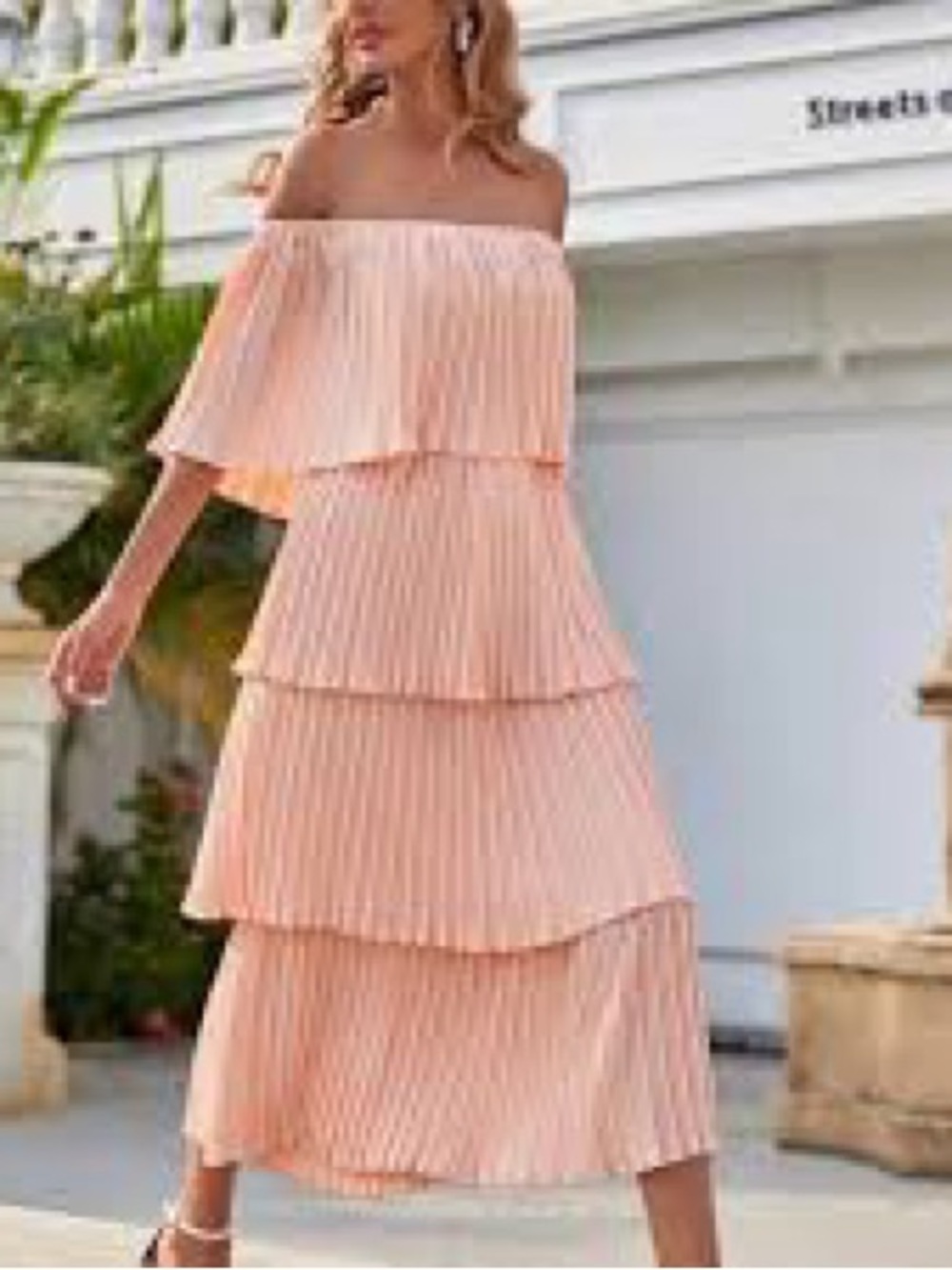 Off-Shoulder Tiered Peach Maxi Dress